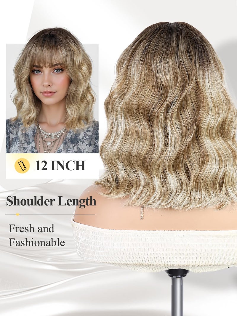 WIGER Short Bob Wave Hair with Bangs Synthetic Mixed Blonde Curly Wigs for Young and Middle-aged Women Daily Wear & Cosplay Costume - Image 3